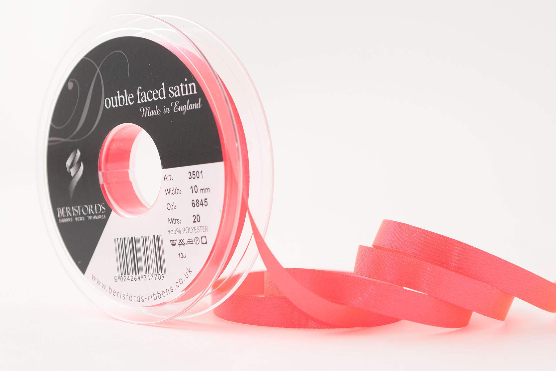 Berisfords Double Satin Ribbon, Flo Pink, 10 mm x 20 m