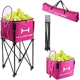 Hnjasnee Foldable Adjustable Tennis Ball Hopper, Large Capacity Basket Holds 200 Balls, Upgraded Pickleball Caddy with Multifunction Pockets and Wheels for Training and Teaching