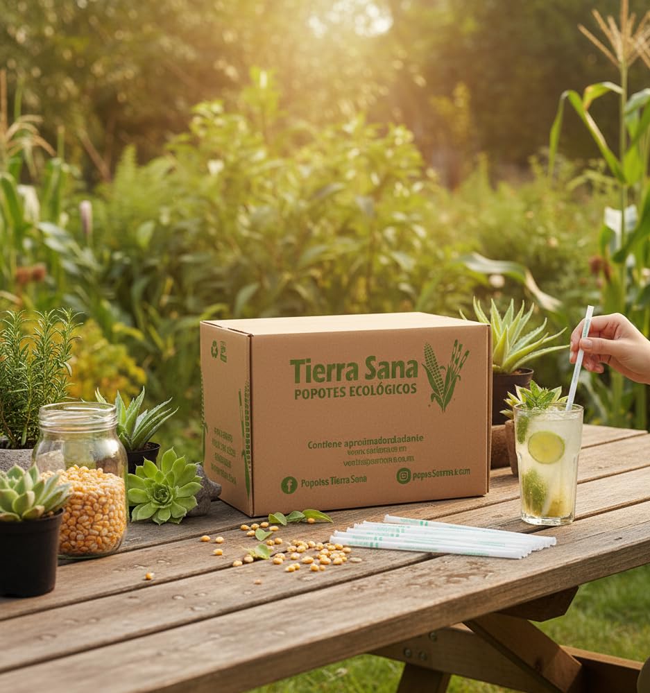 Popotes Ecológicos Tierra Sana, Estuchados Individualmente, Caja con 2000 piezas de 21 cm. Hechos con Maíz, Grado Alimenticio, Caja Mayoreo para Restaurantes, Cafeterías, Hoteles.
