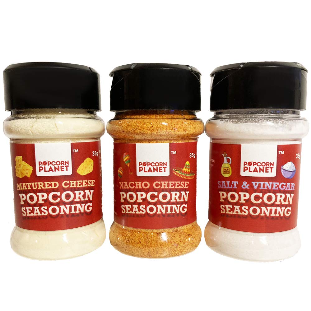 POPCORN PLANET Popcorn Seasoning Set of 3 Flavours Nacho Cheese, Salt and Vinegar, Mature Cheddar