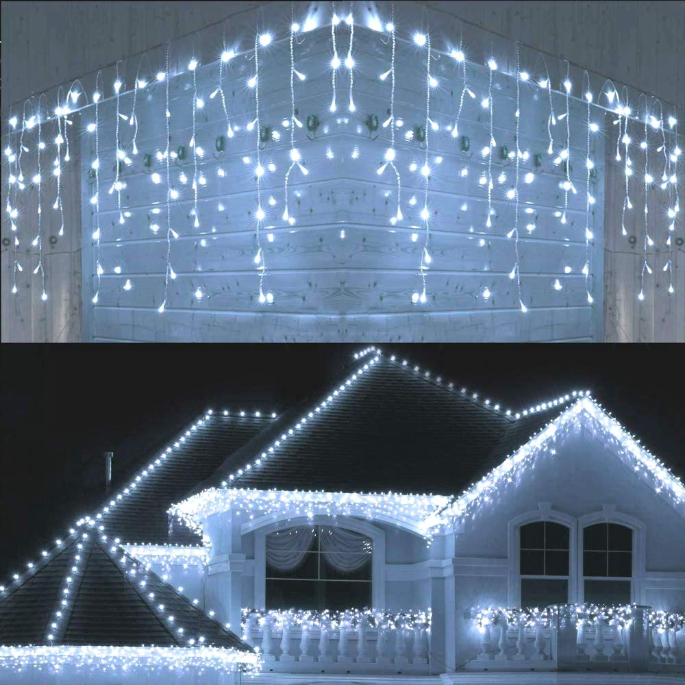 JnDee Icicle Christmas Fairy Lights Waterproof Outdoor/Indoor use. ICY Cool White 120 LED 4M Wide 24 Drops Plus a Massive 10M Lead Cable, 8 Modes, Low Safe Voltage