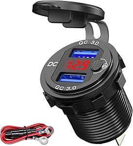 [Upgraded Version] Quick Charge 3.0 Dual 12V USB Car Charger, Aluminum Socket with Red Digital Voltmeter, Waterproof Car Outlet with Power Switch Button, for Marine Boat Motorcycle Truck Golf Cart etc