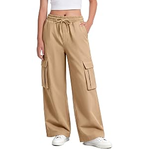 NUMYEAN Girls Cargo Pants Wide Leg Hiking Pants Drawstring Waistband 6-14 Years