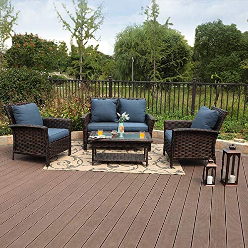 PHI VILLA Outdoor Rattan Patio Furniture Set 4 Piece Conversation Set Wicker Furniture Sofa with