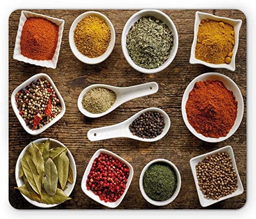 8" x 10" Spice Mouse Pad, Individual Kinds of Aromas on a Wooden Table Spoons and Bowls Natural and Traditional, Rectangle Non-Slip Rubber Mousepad, Standard Size, Multicolor