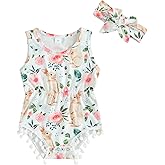 Pukdaswr Newborn Baby Girl Easter Outfit Fashion Pompom Romper Bunny Print Sleeveless Bodysuit Onesie Summer Clothes(White-1, 0-3 months)