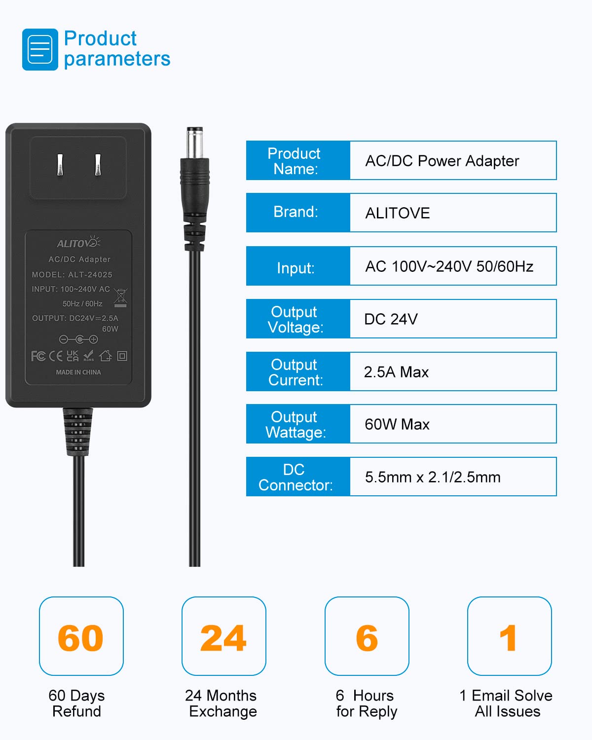 ALITOVE 24V DC Power Supply 2.5A 60W 24 Volt Transformer AC Adapter 4.92Ft 2500mA 2A AC to DC Converter with 5.5 x 2.5mm Tip for LED Lights Routers Printer SoundBar Electronic LCD Monitor