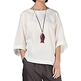 Minibee Women's Linen Blouse Round Neck 3/4 Sleeve Shirt Tops with Chinese Frog Button