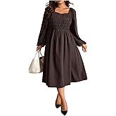 BEAUDRM Women's Plus Size Shirred Dress Casual Ruched Square Neck Long Sleeve A Line Flowy Wedding Guest Party Midi Dresses