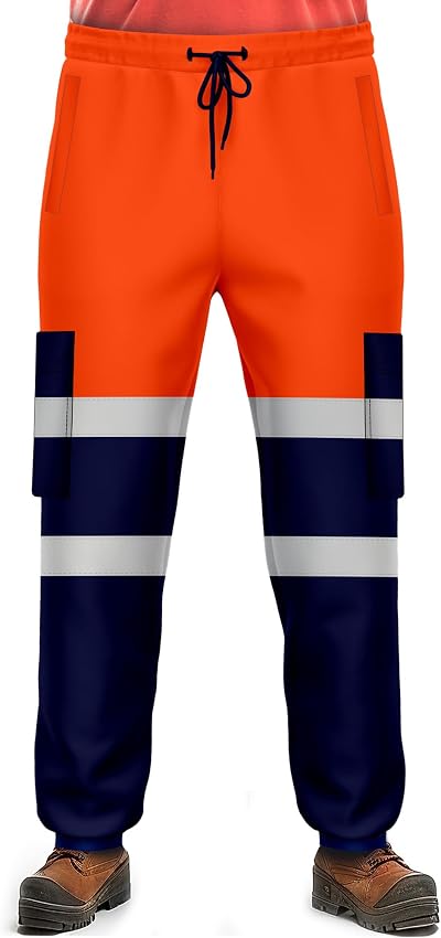 NOROZE Mens Hi Vis Work Trousers Safety Jogging Bottoms Reflective Tape Utility