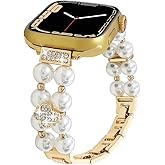 Stretchy Pearl Beaded Band Compatible with Apple Watch Bands Women 40 41 38 42 44 45 46 49mm,Beads with Diamond Charms Bling Jewelry Bracelet for iWatch Series 10 9 8 7 6 5 4 3-1 Ultra SE