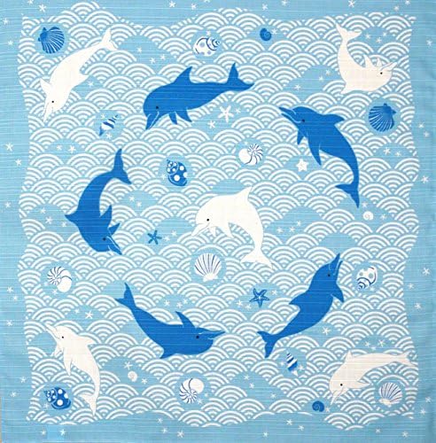 Furoshiki Wrapping Cloth 'Dolphins, Japanese Waves and Sea Shells' Motif Japanese Fabric 50cm