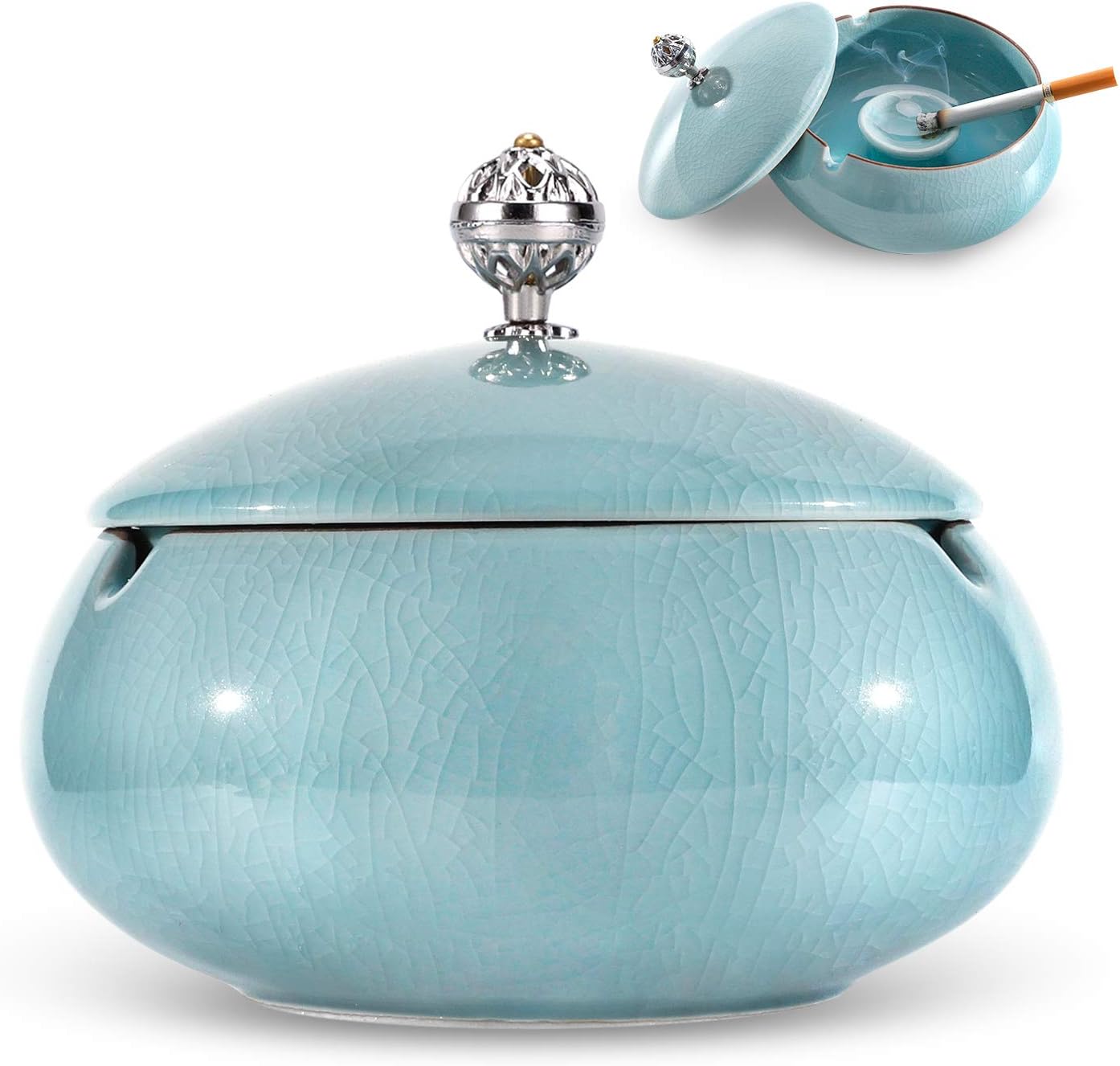 ONEDERZ Outdoor Ashtray with Lid Windproof Cigar Ceramic Ash Tray Fancy Gift (Light Blue)
