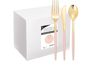 I00000 144Pcs Pink Plastic Silverware, Gold Disposable Flatware with Pink Handle, Gold Plastic Cutlery Set Includes: 48 Forks, 48 Knives and 48 Spoons Perfect for Party & Wedding