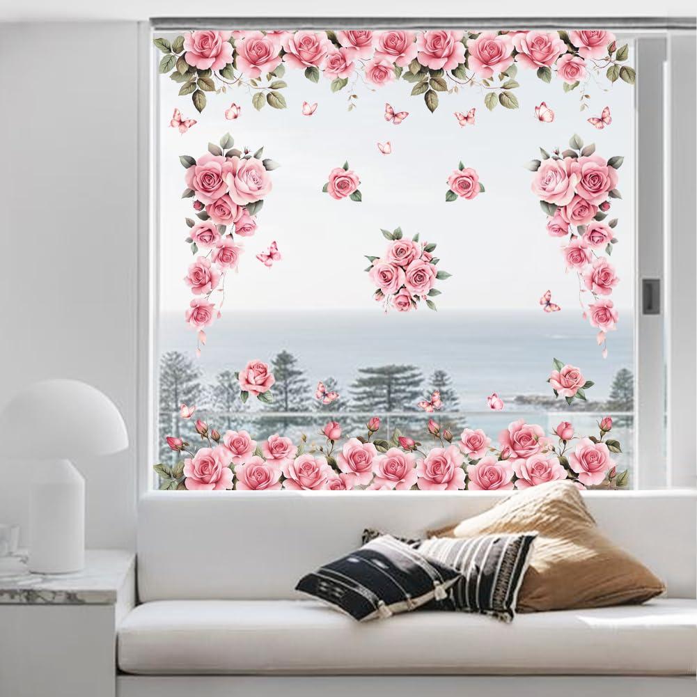Photo 1 of Peacoblue Window Static Clings Stickers Decal 11.8"x35.4",2 Sheets with 24PCS Pink Roses Flowers Vine Decorative Removable Window Sticker Cling Film Home Office Decor for Glass Window Mirror
