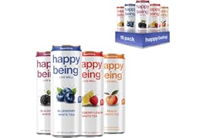 Happy Being Sparkling Nutrient-Rich Sampler Pack White Tea – Infused with Turmeric, Elderberry, Vitamin D3, Caffeine Free, Plant-Based, Low Calorie & Low Sugar Drinks, 12oz (16 Pack)