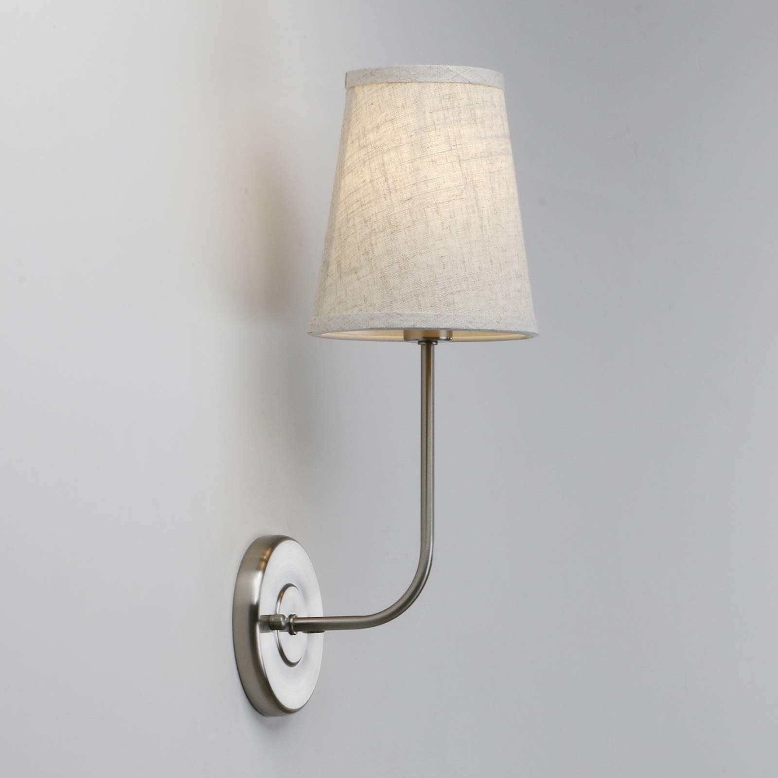 Permo Single Classic Rustic Industrial Wall Sconce Light Fixture with Flared Funnel Linen Fabric Shade Nightstand Lamps for Bedrooms Bedside Reading (Brushed)