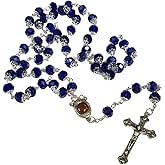 Bethlehem Gifts TM Deep Blue Crystal Beads Rosary Catholic Necklace Holy Soil Medal & Crucifix