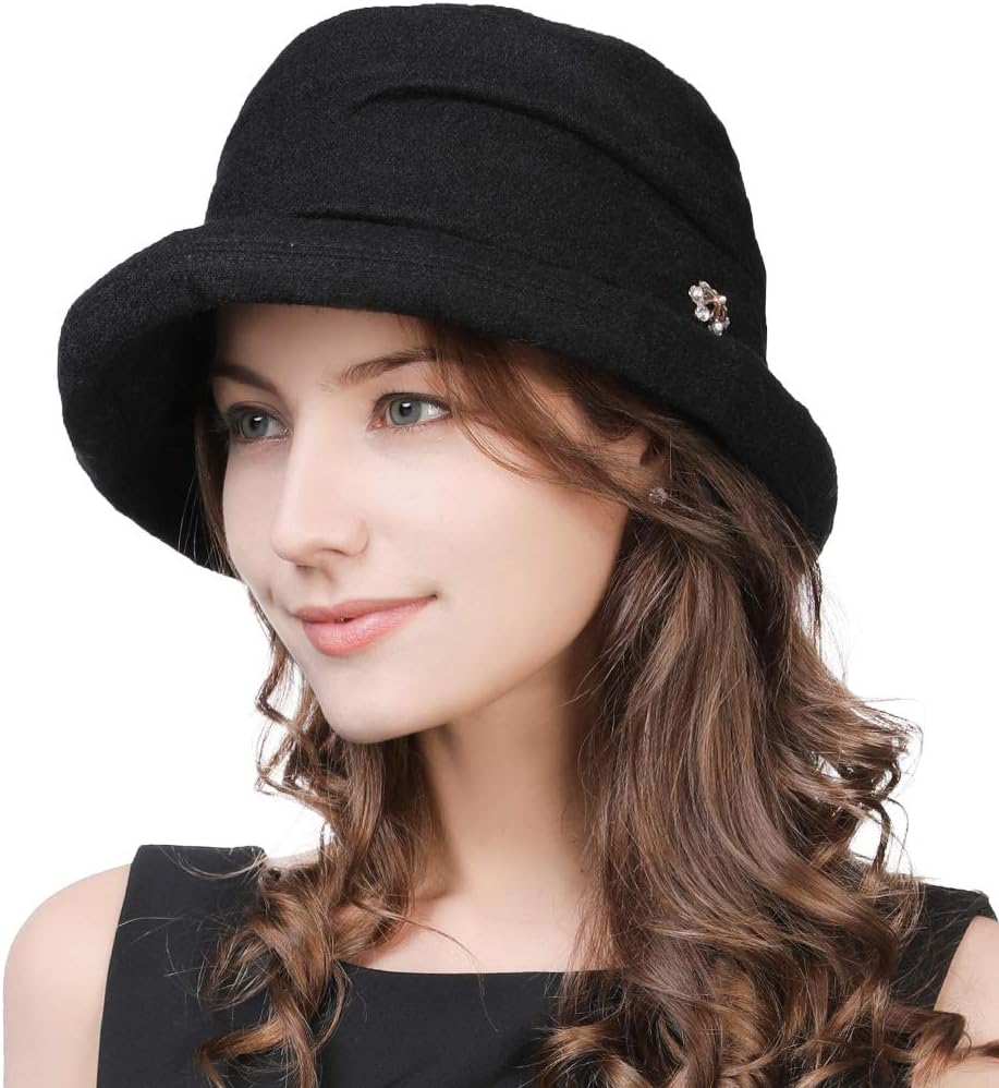 Womens Winter Bucket Derby Gatsby Vintage 1920s Round Bowler Church Hat Fall 55-59cm