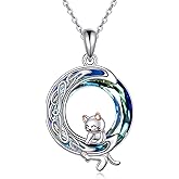 VONALA Cat Necklace for Women 925 Sterling Silver Moon Pendant with Crystal Cat Jewelry Gifts for Animal Lovers