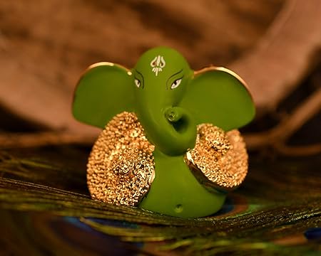 Collectible India 24 K Gold Plated Green Terracotta Ganesha Statue for Car Dashboard Lord Ganesh Ganpati Idol with Gift Box Home Office Decor
