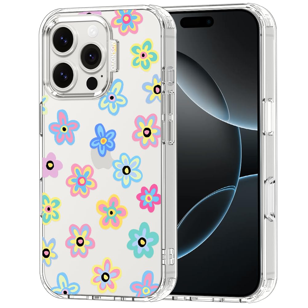 MOSNOVO Case for iPhone 16 Pro, [Buffertech 6.6ft Military-Grade Drop Protection] [Anti Peel Off Tech] Clear TPU Bumper Phone Case Cover Design - Groovy Flower
