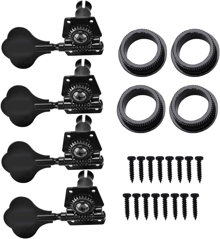 4R Bass Tuning Pegs, Black Open Gear Tuners Zinc Alloy Plum Shape