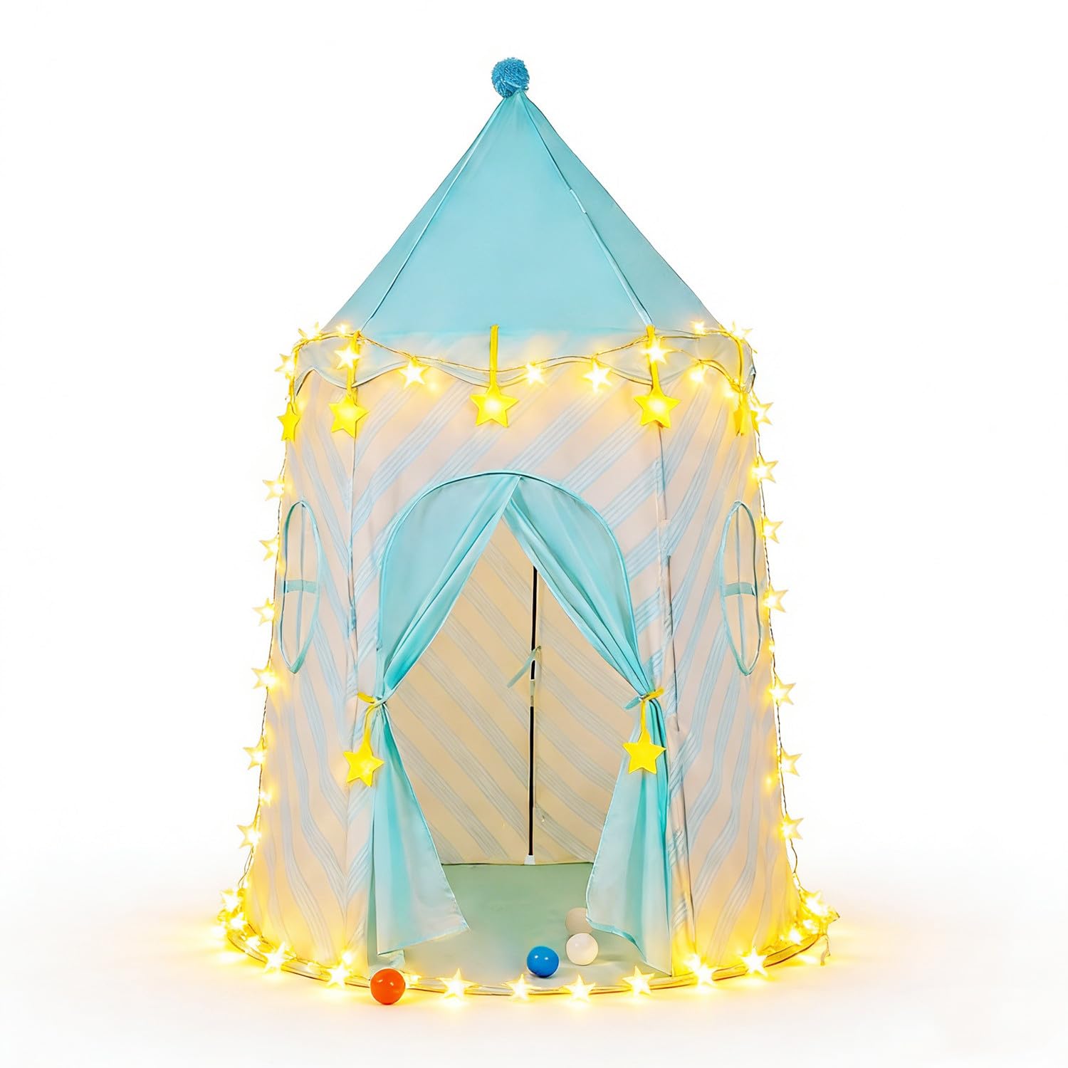 Floving Kids Tent Play Tent For Child,Children Castle,Safety And Non-toxic Indoor/Outdoor Games Tent Toys,Wendy House，with stars string light (Blue streak)