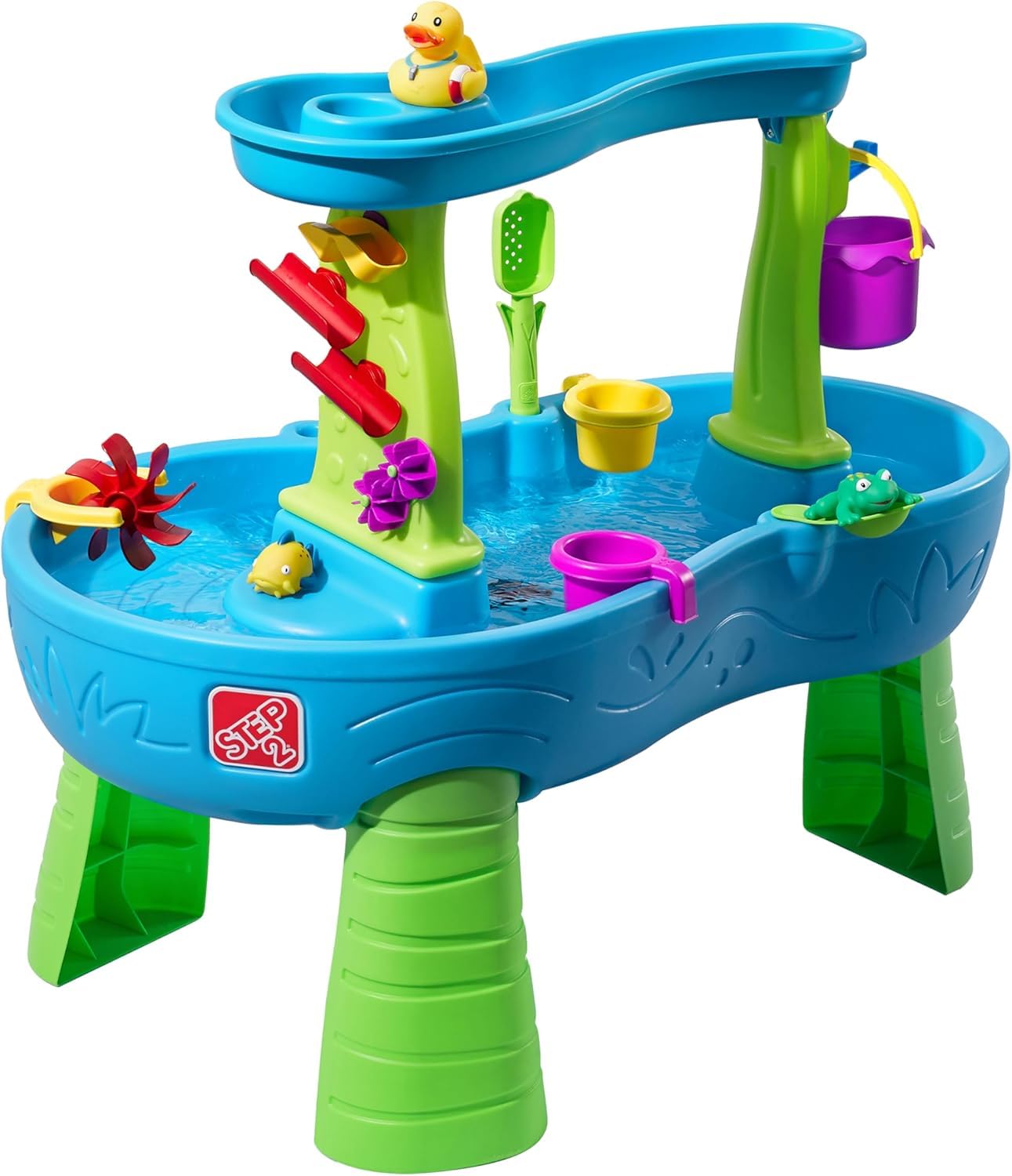 Photo 1 of **USED, INCOMPLETE** Step2 Rain Showers Splash Pond Water Table, Kids Water and Sand Activity Sensory Playset, Summer Outdoor Toys, 13 Piece Water Toy Accessories, For Toddlers 1.5+ Years Old, Blue & Green