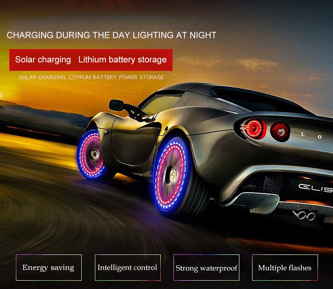 FICBOX Car Tire Wheel Lights,4 Pack Solar Car Wheel Tire Hub Light Motion Sensors Colorful LED Tire Flashing Colorful Exterior Lights