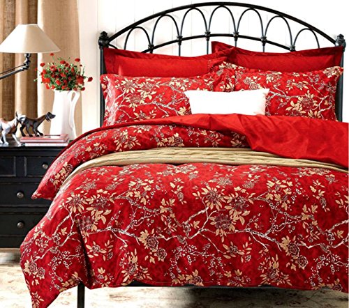 3pcs Red Duvet Cover Set, Floral/Flowers Printed Soft Microfiber Bedding (King Size)