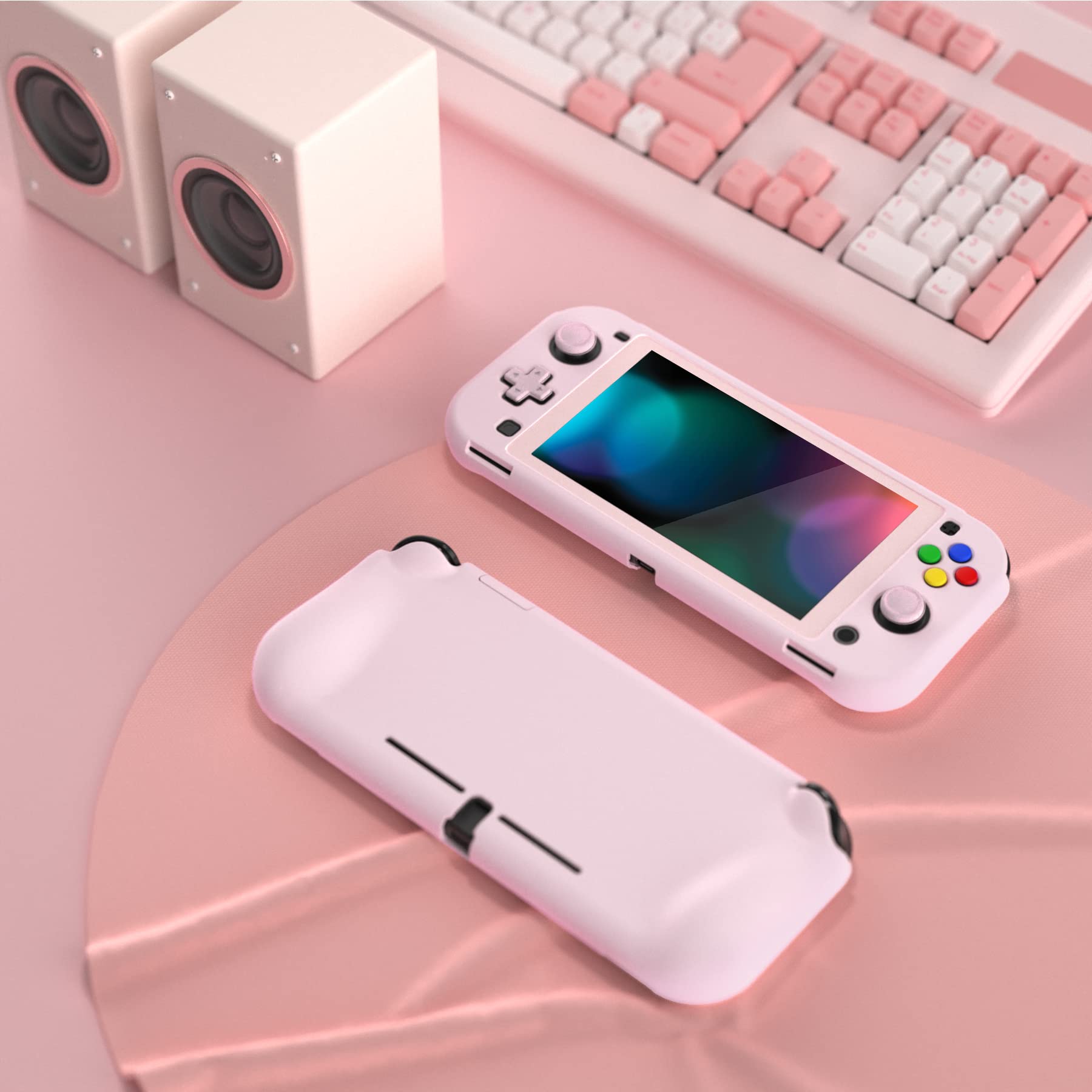 PlayVital ZealProtect Protective Case for Nintendo Switch Lite, Ergomomic Grip Hard Cover - Durable Shock-Absorbent Anti-Scratch with Screen Protector & Thumb Grip Button Caps, Cherry Blossoms Pink