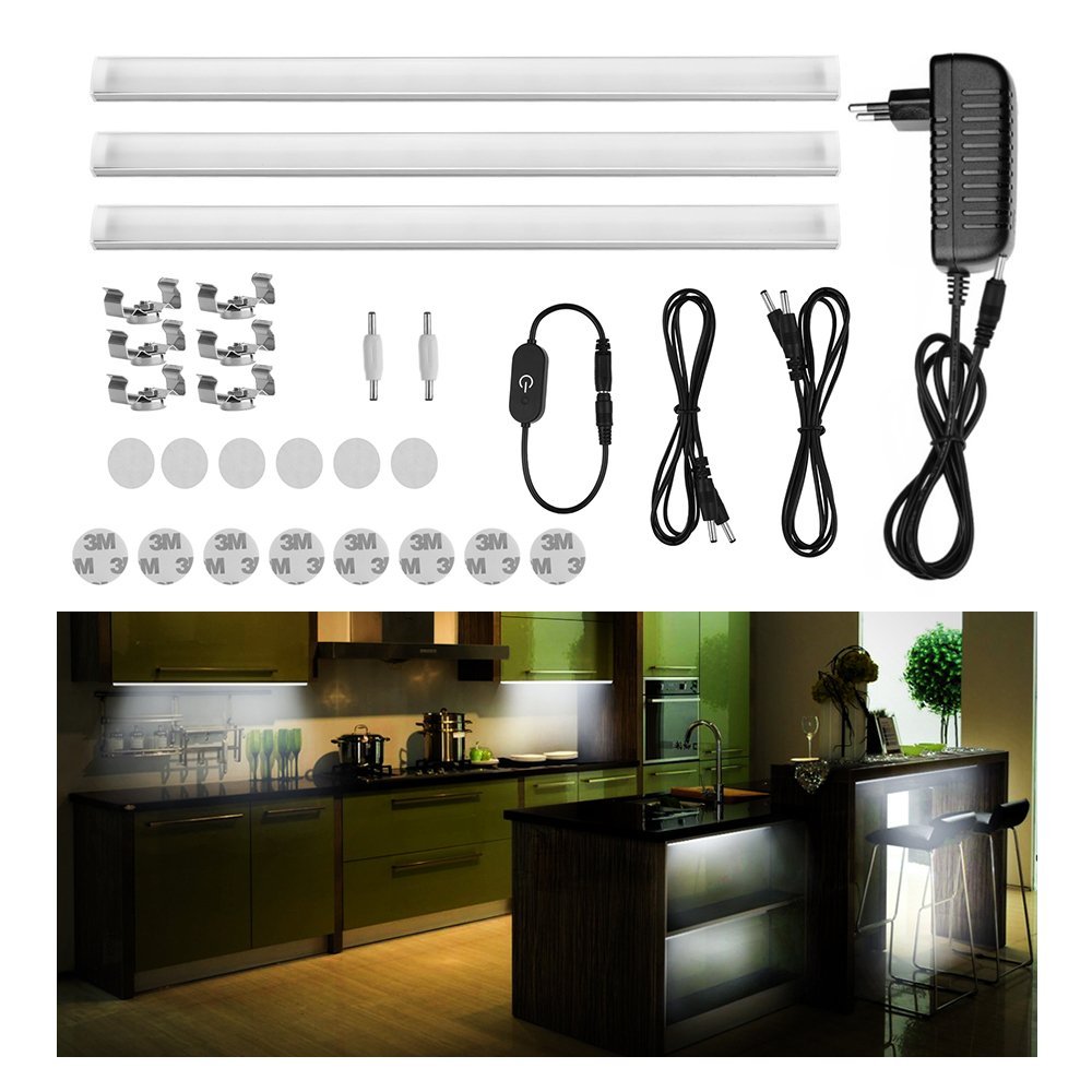 Guaiboshi LED Unterbauleuchte Schrankbeleuchtung Vitrinenbeleuchtung Küchenlampen Dimmbare 12V DC mit Mächtiger Magnete für Schränke, Bücherregale, Kabinette, Küchen usw - 3pcs [Energieklasse A+]