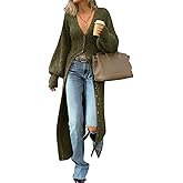 ebossy Women's V Neck Long Cardigan Lantern Sleeve Button Down Rib Knit Maxi Sweater Coat 2025 Trendy Winter Dresses