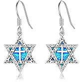 TRISHULA Star of David Earrings 925 Sterling Silver Star of David Cross with Opal Dangling Earrings Hexagram Dangle Drop Hook Earrings Amulet Jewish Jewelry for Women Chrstmas Gifts for Her