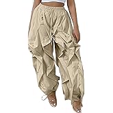 Lucuna Women's Baggy Barrel Cargo Pants Y2k High Waisted Drawstring Wide Leg Casual Ruffle Patchwork Parachute Trousers Pants