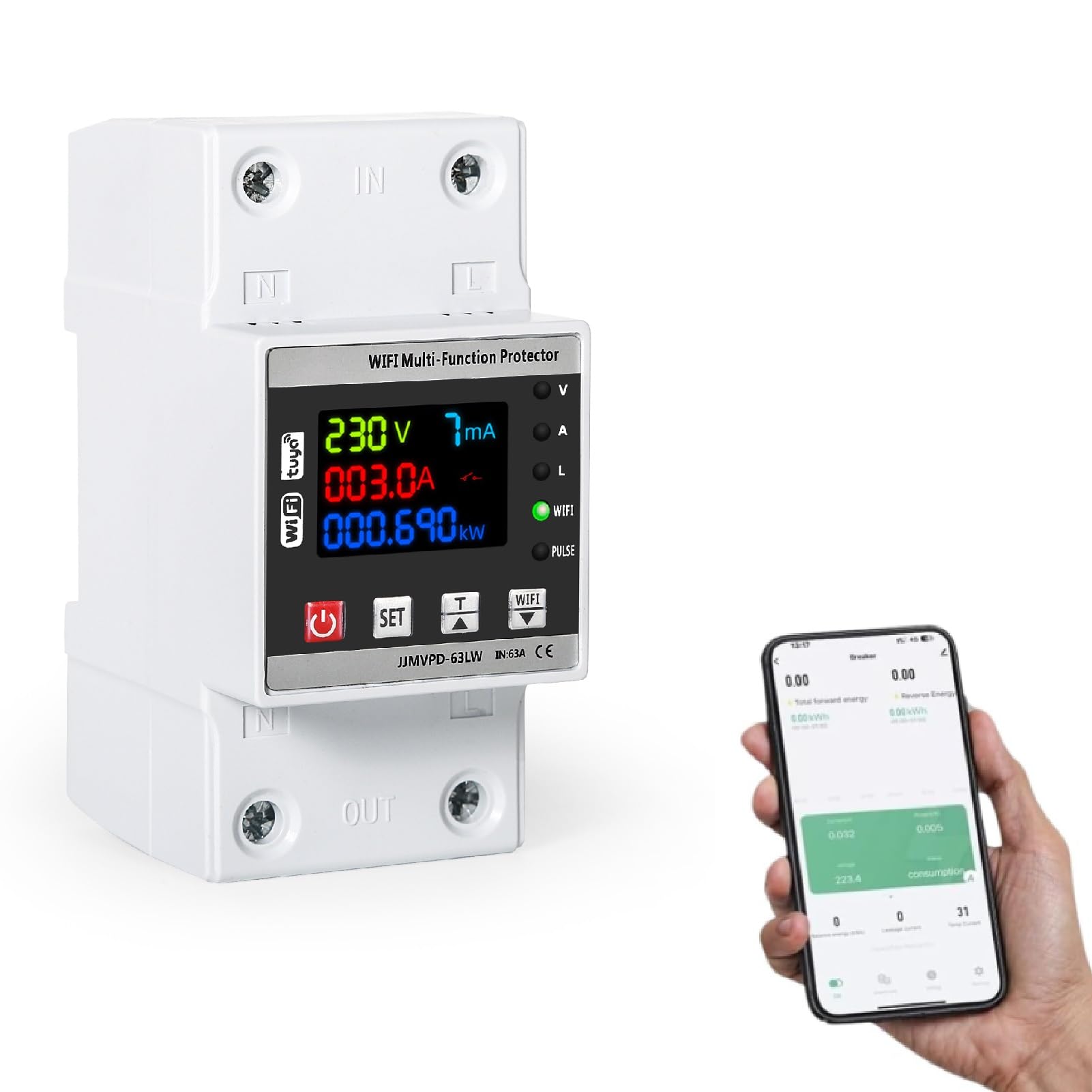 DEWIN Automatic Reclosing Protector,Over-undervoltage Protector Self-reset Protector Overvoltage AC230V 63A (Size : WIFI-enabled)