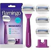 Flamingo Moisture Plus Women's Razor Set - No Shave Gel Needed - Razor Handle, 4 Blade Refills, Shower Holder - Fig