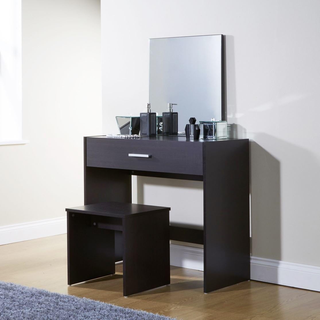 Julia Espresso Modern Contemporary Dressing Table Set Stool Mirror Storage Drawer Vanity Make Up Desk