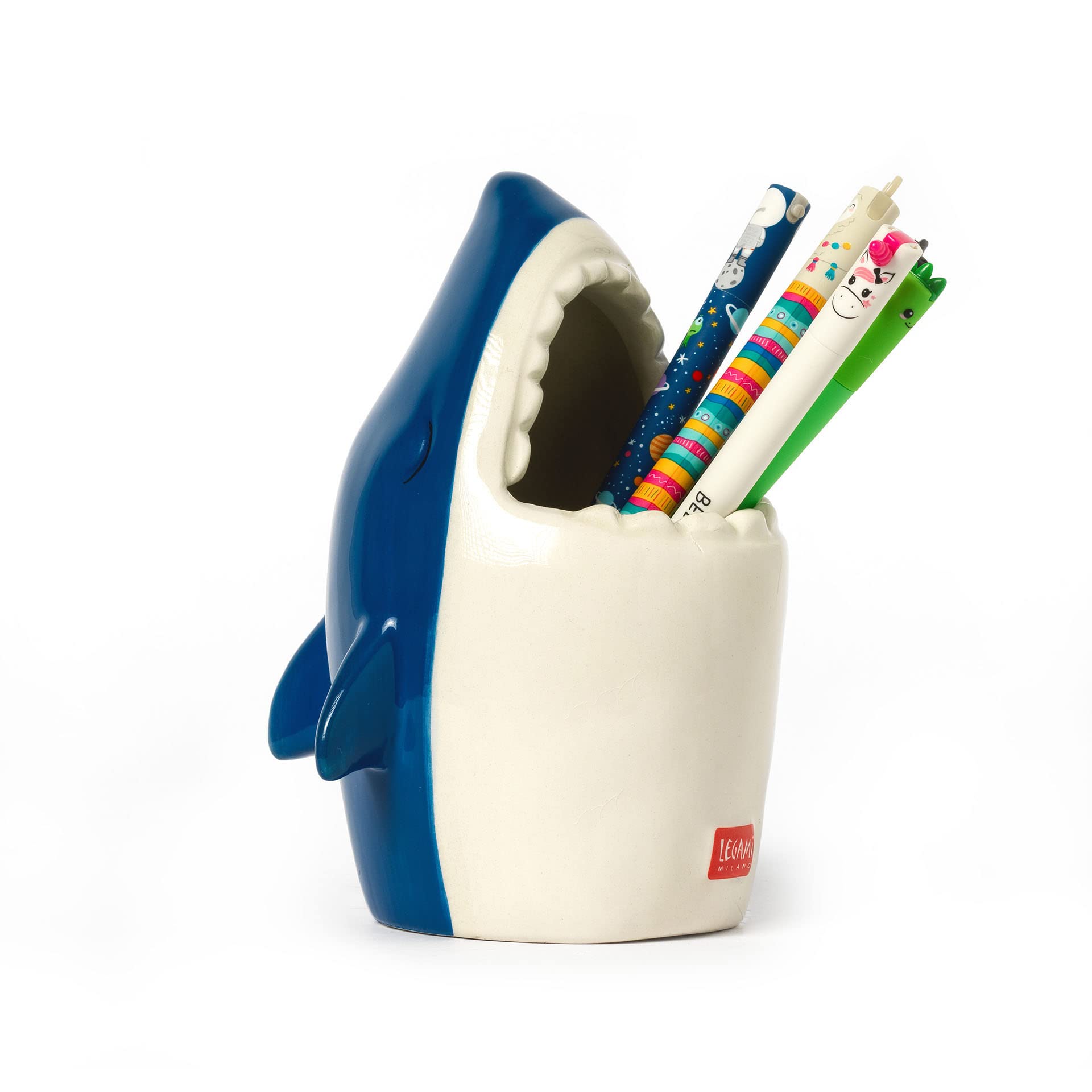 Legami Desk Friends Ceramic Pen Holder, 12.5 x 7.5 cm, Shark Theme, for Desk, Hand Painted
