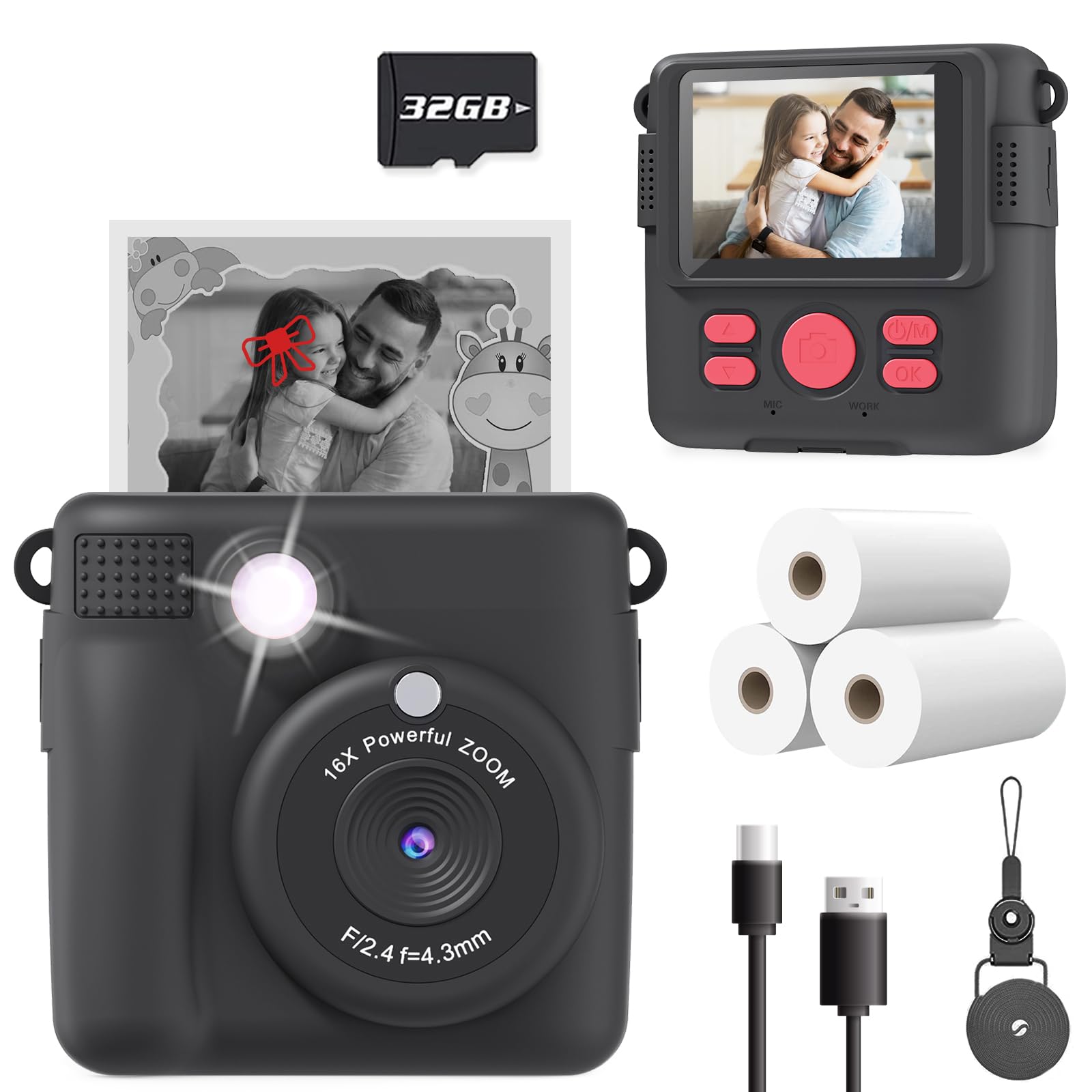 Photo 1 of ESOXOFFORE Kids Camera Instant Print, Christmas Birthday Gifts for Kids Age 3-12, Selfie Digital Camera with 1080P Videos,Toddler Portable Travel Cameras Toy for 4 5 6 7 8 9 Year Old Boys Black