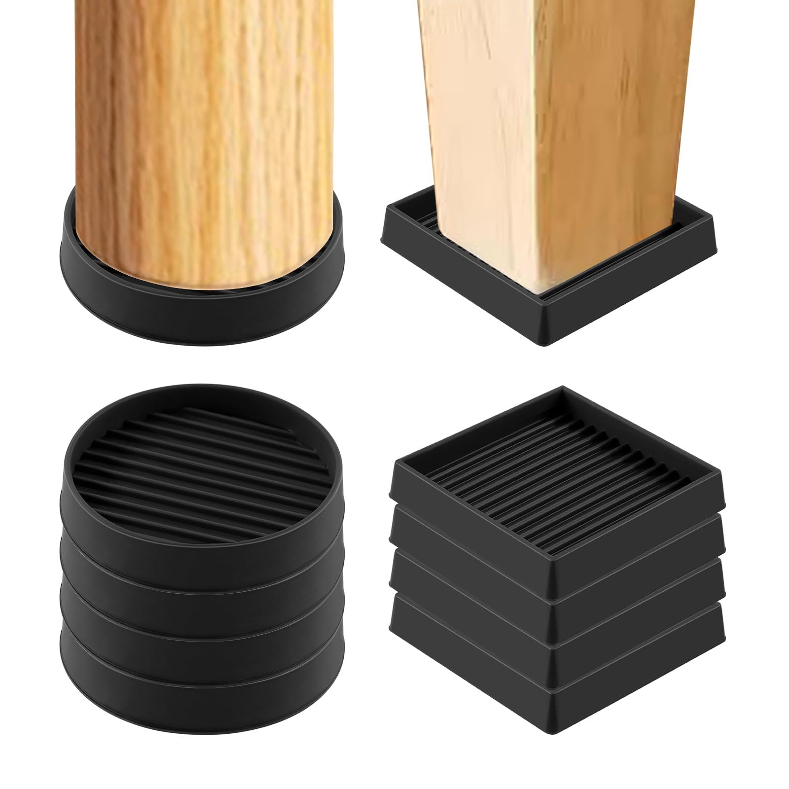 Swpeet 8Pcs 2" x 2" 2 Styles Round and Square Black Rubber Anti Skid Caster Cups Non Slip Furniture Pads Kit, Anti-Slip Gripper, Furniture Feet Anti Slide Floor Stoppers for Bed Couch Table Chair