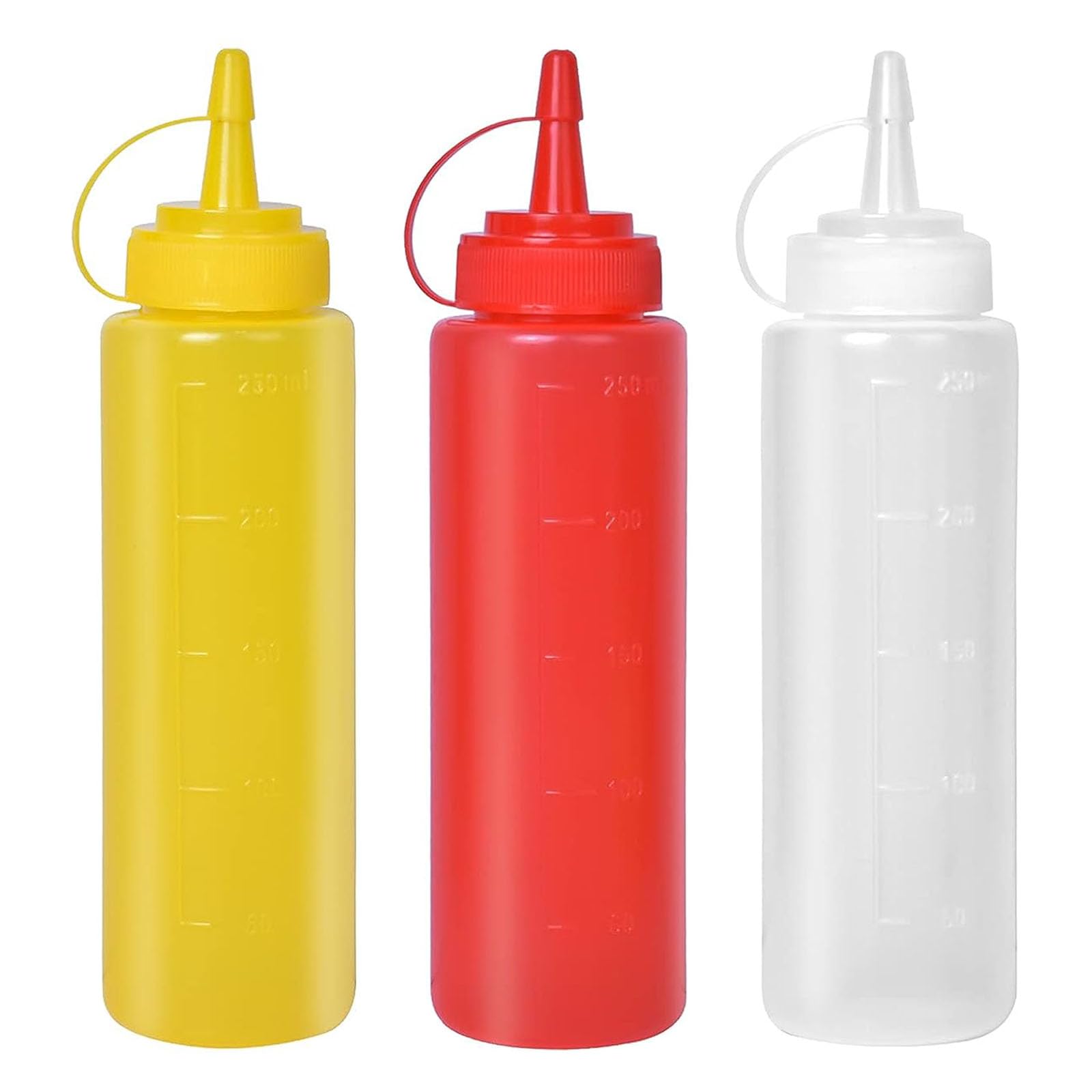 Gelishan 3Pcs Squeeze Bottles Dispensers Plastic Squeeze Bottles with Cap Transparent Sauce Bottles 250ml Condiment Bottles for Ketchup Hot Sauce Salad Dressing