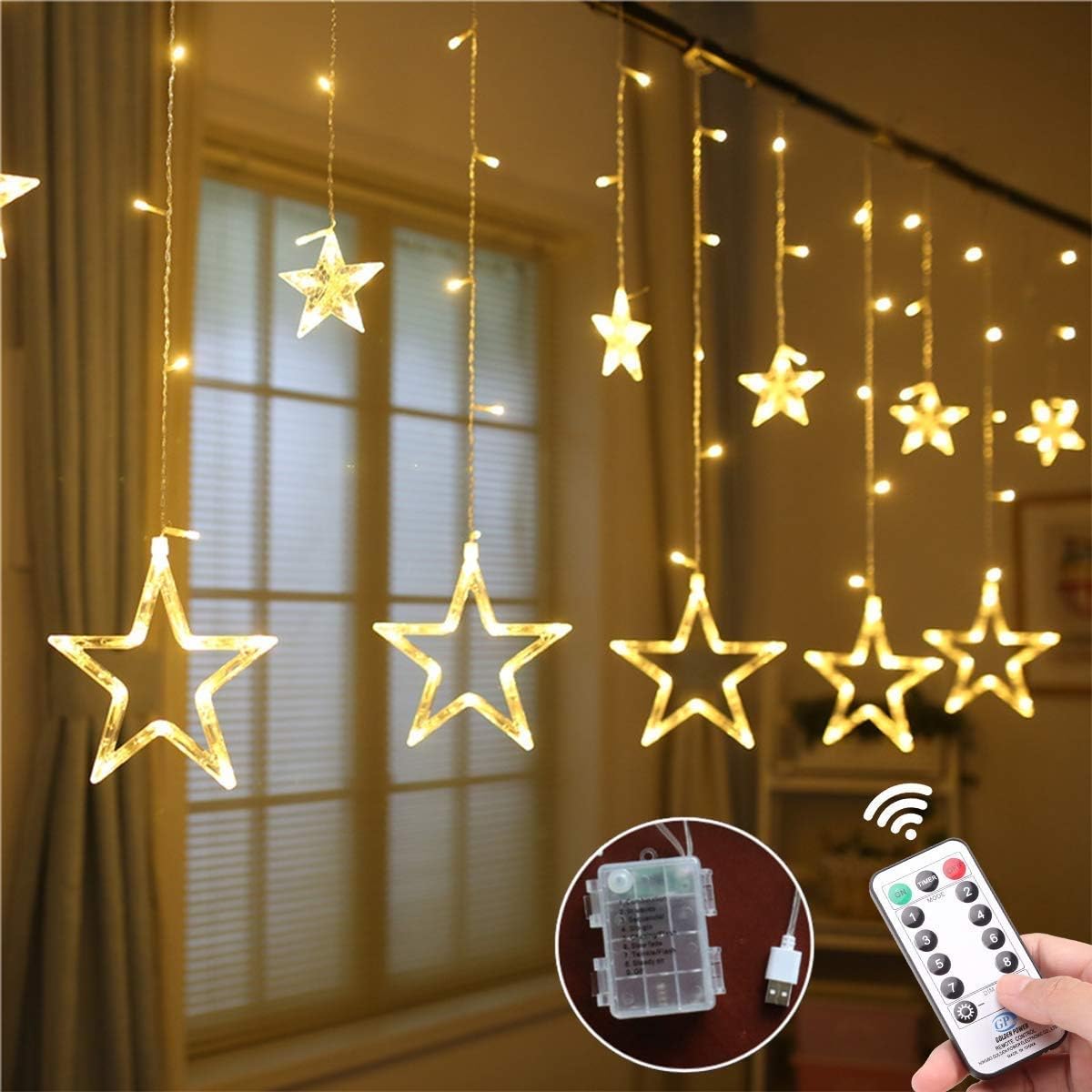 Weepong Star Curtain Lights 3xAA Batteries/USB Operated Window Curtain Lights with Remote 12 Star 138 LED Icicle Lights String, Fairy Star Lights for Bedroom Wall Party Wedding Christmas (8 Modes)
