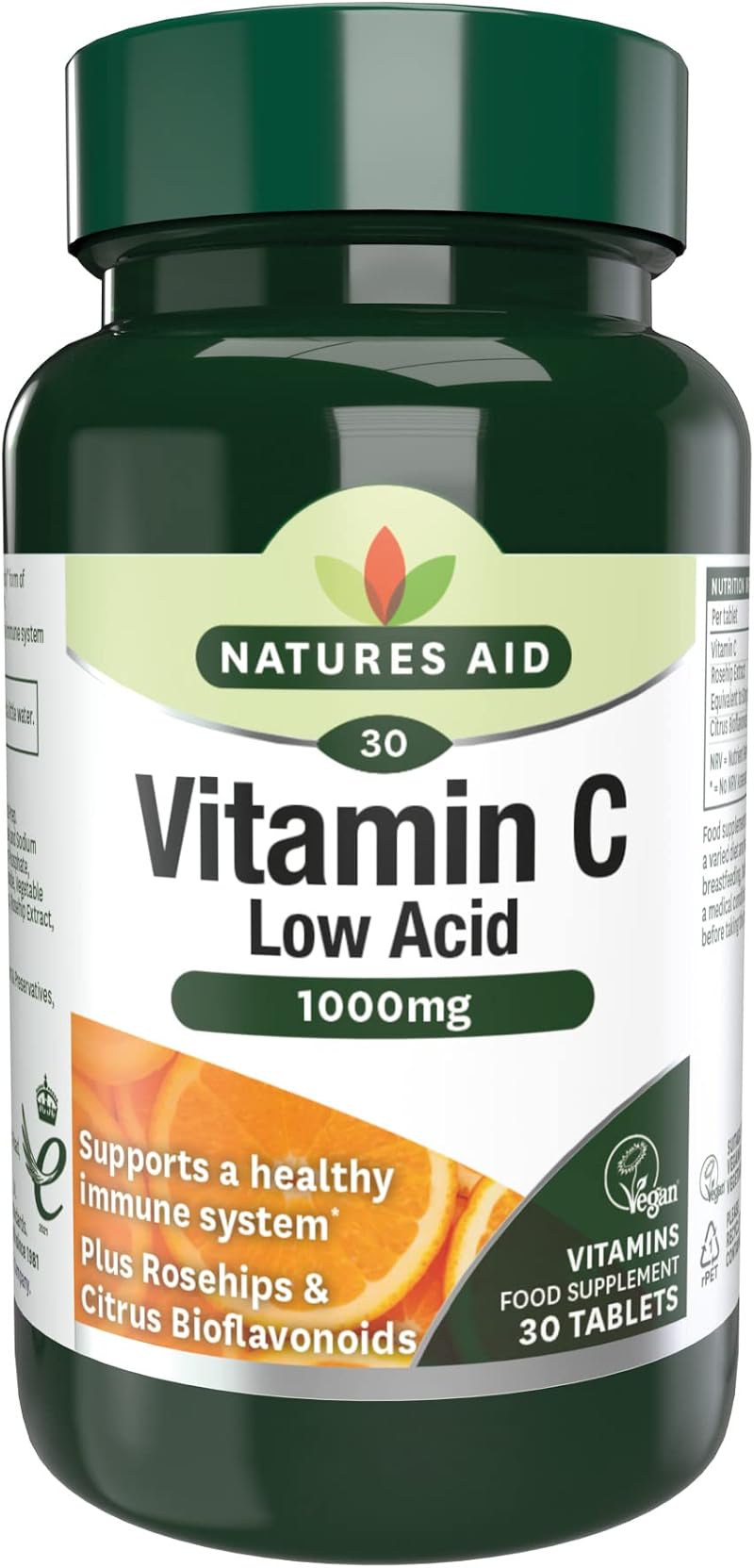Natures Aid Low Acid Vitamin C 1000mg – 30 Tablets – Vegan Immune Support