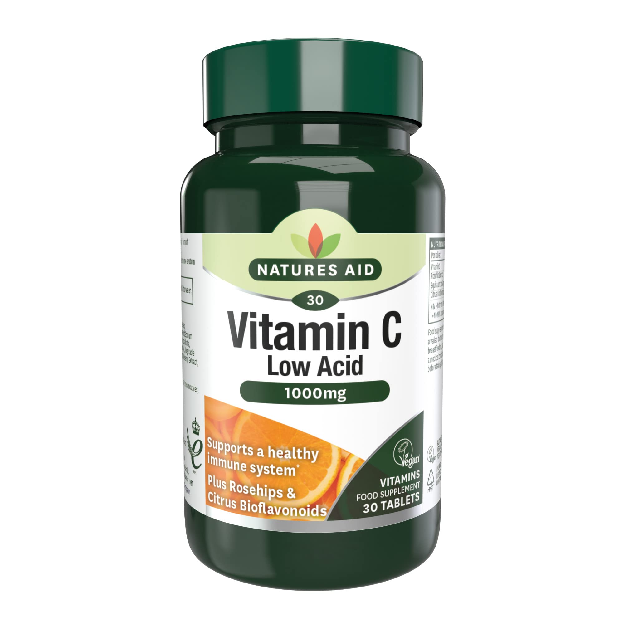 Natures Aid Low Acid Vitamin C 1000mg – High Strength Immune Support, Antioxidant Protection – Gentle on Stomach – Supports Collagen, Skin, Energy & Iron Absorption – Vegan - 30 Tablets — image 1