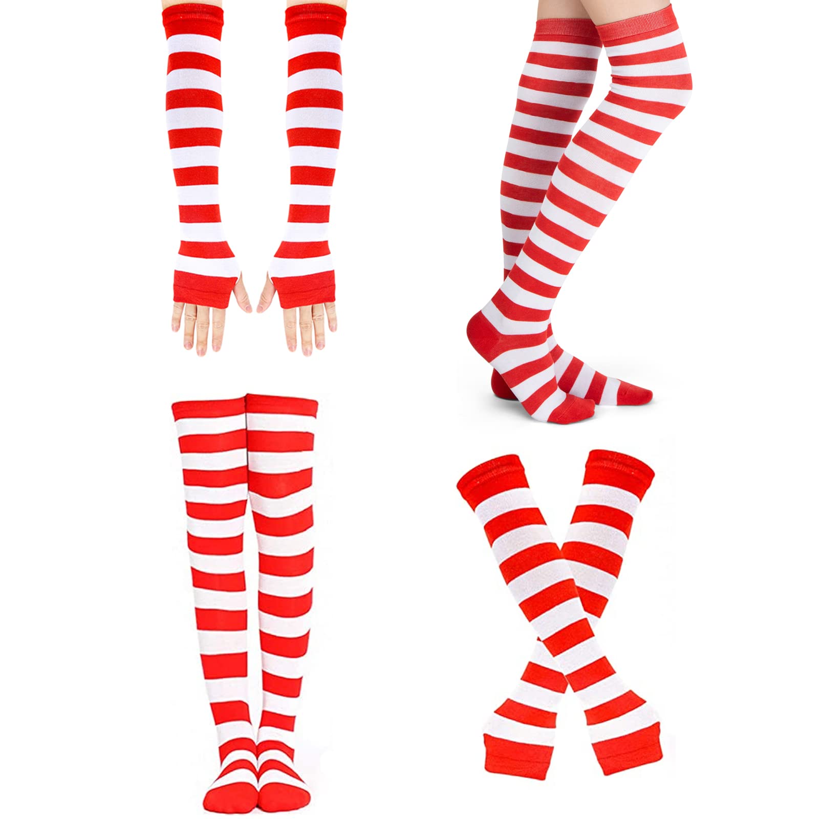 MCPINKY MCPINKY Striped High Knee Socks Set, Including 2 Knee High Stocking and 2 Long Arm Gloves for Women Girls Spring Warmer