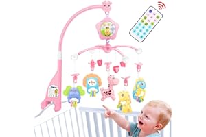 Baby mobile for crib with lights and musicial, Projection,Hanging Rotating, Teether for girl (Pink)