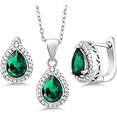 Blue Simulated Sapphire Green Nano Emerald or Red Created Ruby Pendant and Earrings Jewelry Set For Women | 925 Sterling Silver | Pear Shape 9X7MM | 6.50 Cttw | With 18 Inch Silver Chain
