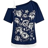 SOLY HUX Women's Gothic Grunge Cold Shoulder Short Sleeve T Shirts 2 in 1 Asymmetrical Tee Tops